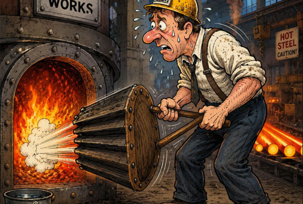 Cartoon of a steel worker fanning a furnace